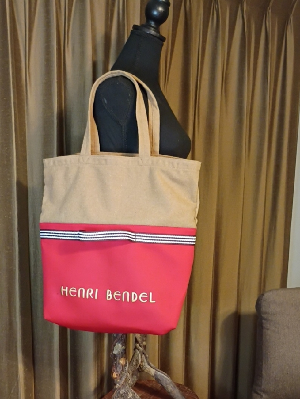 Henri Bendel Red & Tan Canvas Tote with Striped Trim Collapsible